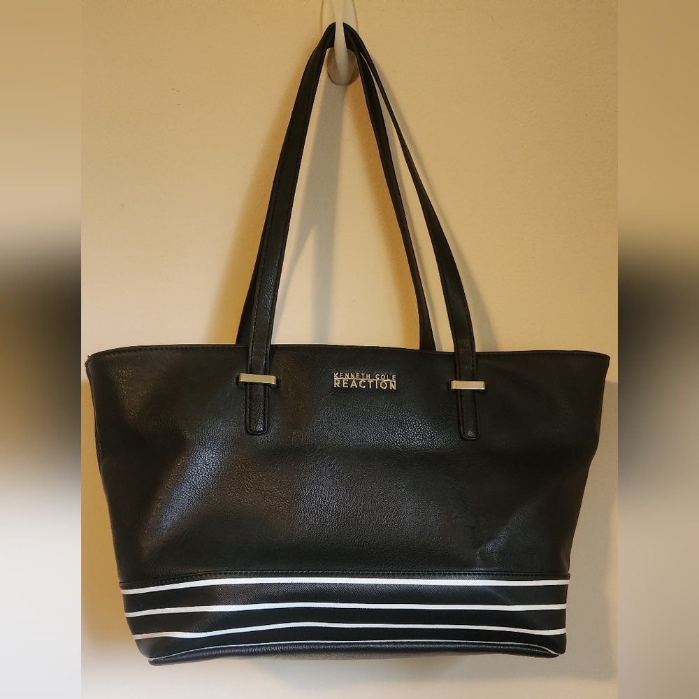 Kenneth Cole Reaction Large Black w/ White Striping Double Handle Vegan Tote Bag